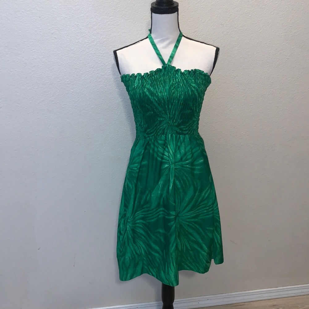 Barefoot Attitude green Hawaiian halter mini dress